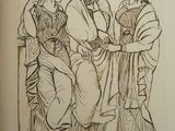 an old book with a drawing of a group of women standing next to each other