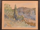 a watercolor painting of a landscape with trees and buildings