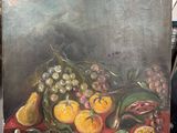 painting of a still life of fruit and vegetables on a red cloth