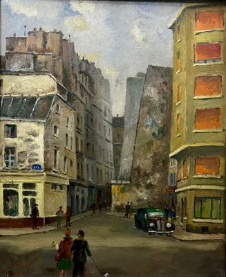 tableau représentant un couple promenant son chien dans une rue de la ville