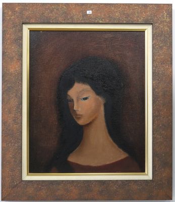 an oil painting of a woman ' s face in a brown frame