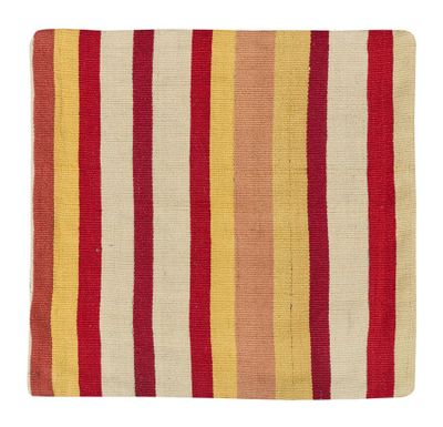 a red, yellow and white striped rug on a white background