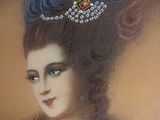 painting of a woman in a blue dress with a tiable on her head