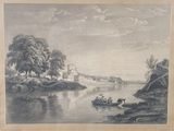 drawing of a view of a river with a castle in the distance
