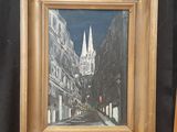 a picture of a painting of a street with a church in the background