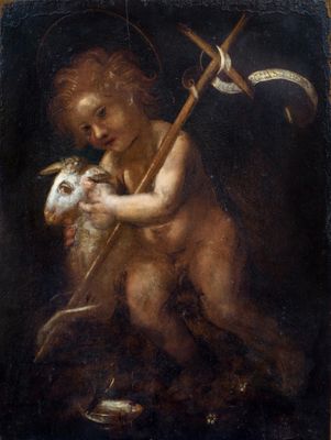an image of a painting of a child holding a goat