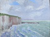 une peinture à l'huile représentant une vue de l'océan depuis une falaise