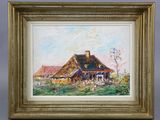 an oil painting of a farm scene with cows grazing in the pasture