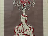une image représentant le dessin d'une femme en robe, avec un crâne sur la tête