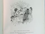 an old book with a drawing of people sitting at a table