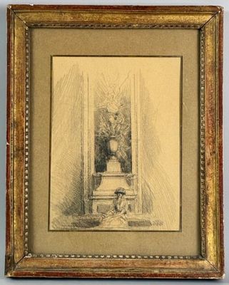 an old drawing of a vase on a table in a frame