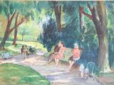 painting of a group of people walking down a path in a park