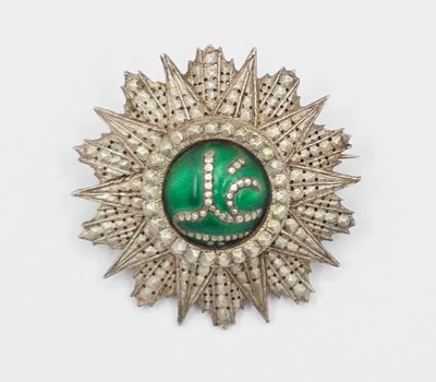 une image représentant une broche verte et blanche sur laquelle figure un numéro
