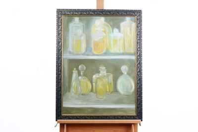 a painting of a shelf with bottles and jars on it