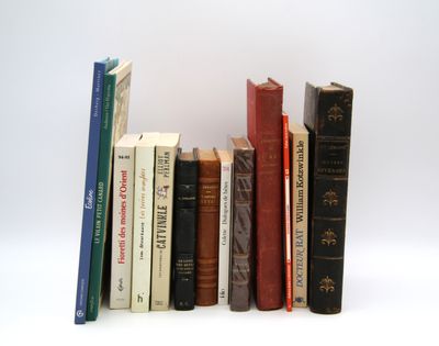 les livres sont alignés sur une surface blanche