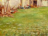 a painting of some people in a field by a building