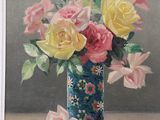 a painting of roses in a blue vase on a table