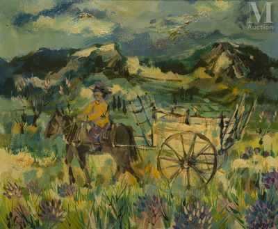 an oil painting of a man on a horse pulling a wagon