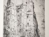 drawing of a drawing of a building with a staircase going up the side