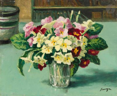 une peinture représentant un vase de fleurs sur une table