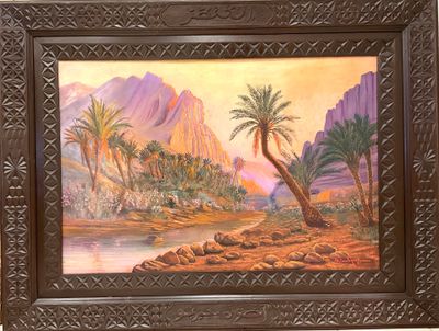 painting of a desert scene with palm trees and a mountain in the background
