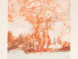 une photo d'un tableau orange et blanc accroché à un mur blanc