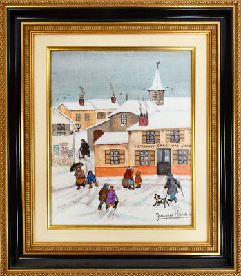 tableau représentant des enfants jouant dans la neige devant une maison