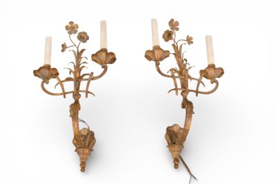 pair of antique brass wall sconces with flowers and leaves