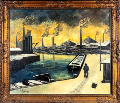 une peinture à l'huile représentant un homme marchant dans une rue au bord d'un plan d'eau