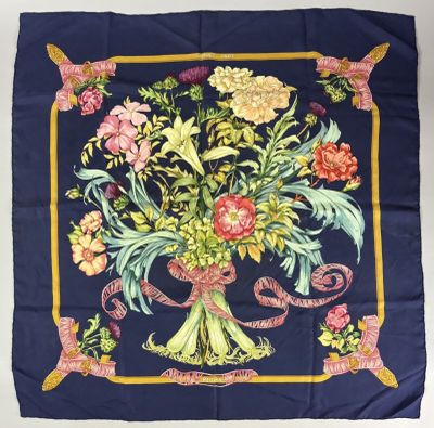 navy blue silk scarf with a bouquet of flowers on it