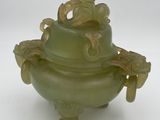 chinese carved green jade celade bowl with dragon handles