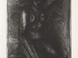 un dessin en noir et blanc représentant un lapin assis sur une chaise