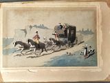 a picture of a painting of a horse drawn carriage with people on it