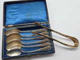 five spoons in a case on a white surface
