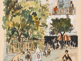 une image représentant une peinture d'une rue de la ville où l'on voit des gens marcher et faire du vélo