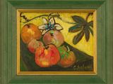 une peinture à l'huile représentant des pommes et des oranges, dans un cadre vert