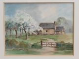une aquarelle représentant une scène de ferme avec un portail
