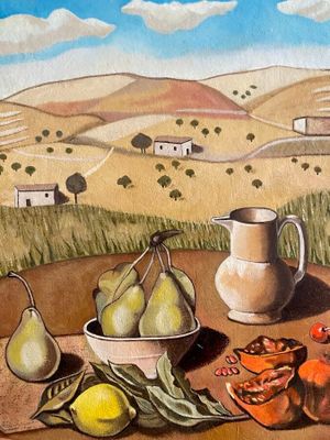 un tableau représentant une table sur laquelle sont posés des fruits et un pichet