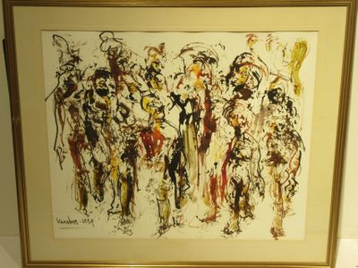 framed painting of a group of people with hats and costumes
