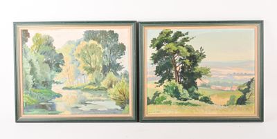 two paintings of trees and a river are hanging on a wall