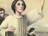 painting of a painting of a woman holding a glass of wine in front of a group of people