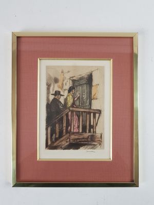 tableau représentant un homme et une femme debout sur un balcon, regardant un miroir