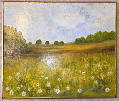 une peinture à l'huile représentant un champ avec des pissenlits et des arbres en arrière-plan