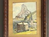 painting of a mountain with a church in the foreground and a church in the background