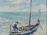 une peinture d'un bateau dans l'eau sur la plage