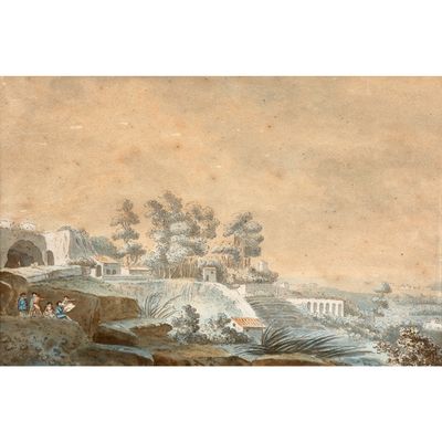 l'image d'un tableau représentant un paysage avec un château au loin