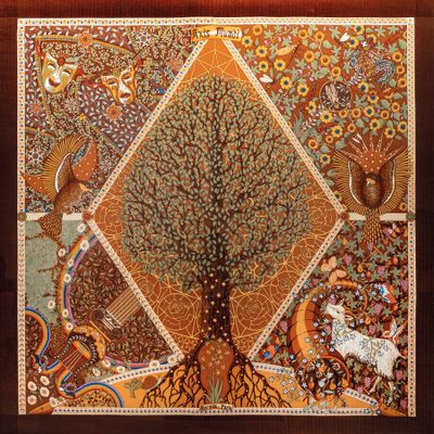 an image of a painting of a tree with birds and animals