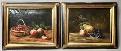 E.COUREAU (XIX-XXe), Panier de cerises et raisins, Paire d'h…