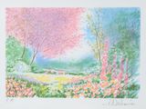 painting of a landscape with trees and flowers in pastel colors