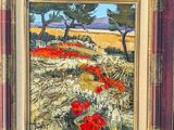 a painting of a field with red flowers and trees in the background